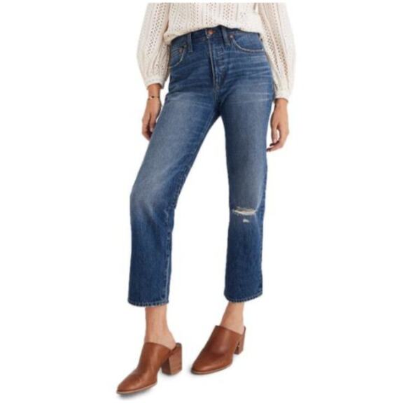 Madewell Classic Straight Jeans in Jade Wash Knee-Rip - Picture 1 of 8